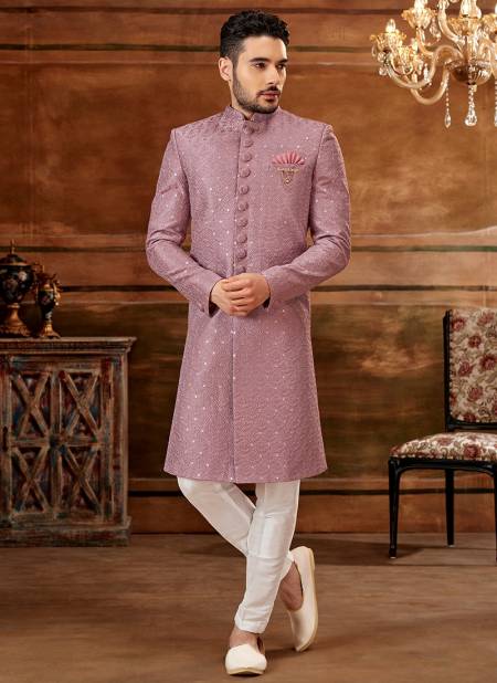 Onion Colour Party Wear Jacquard Nawabi Indo Western Collection 1106
